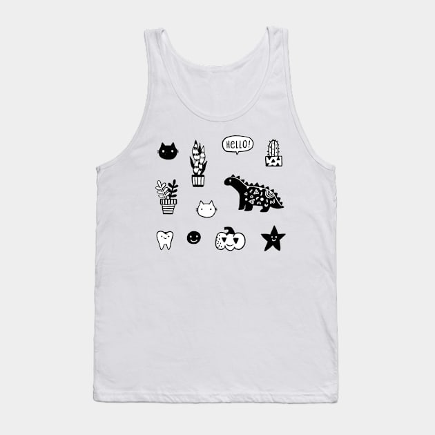 Funny set with cat, dino, pumpkin, tooth, star, plant, cacti Tank Top by kostolom3000